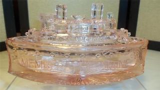 VINTAGE PINK DEPRESSION GLASS REMEMBER THE USS MAINE COVERED NEST DISH