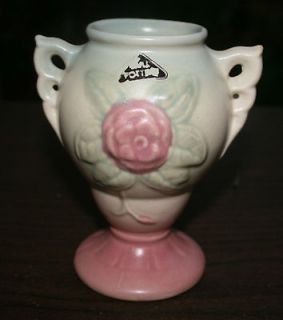 HULL POTTERY 4 3/4” DOUBLE HANDLED VASE OPEN ROSE OR CAMILLA PATTERN