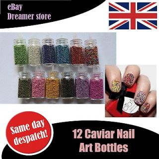 12 Mini Bottles Caviar Nail Art Beads Manicure Black Silver Red Blue