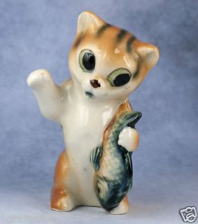 Inch Orange Striped Tabby Cat Figurine With Fish Made In Japan