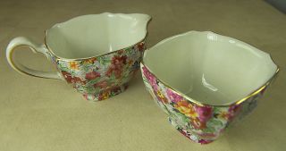 VINTAGE LORD NELSON WARE CHINTZ MARINA SUGAR BOWL & CREAMER MADE in