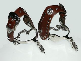 PAIR Cowboy Boot SPURS  SILVER With Brown or tan Leather Strap