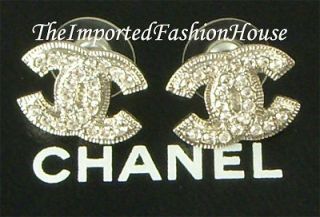 CHANEL CLASSIC LARGE CRYSTAL CC LOGO CHARM SILVER STUD POST EARRINGS