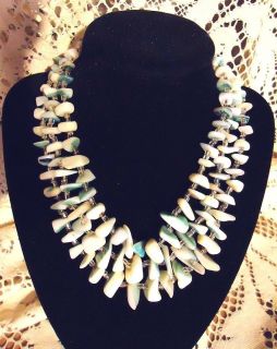 Beautiful Vintage 3 Strand White & Turquoise Mother Of Pearl Nuggets