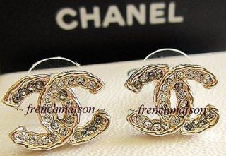 2012 CHANEL CC Logo CRYSTAL Medium Classic Gold Pierced EARRINGS New