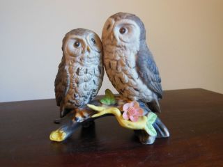 Otagiri Owl Figurine Pair Perched Flowering Branch Japan Vintage