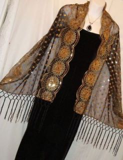 NEW   BLACK & GOLD Chiffon With GOLD Sequin SCARF,SHAWL, WRAP, SARONG