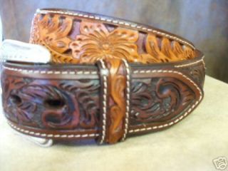 Genuine Leather Western Mens Belt Saddle Tan Brown Floral Deep Cut