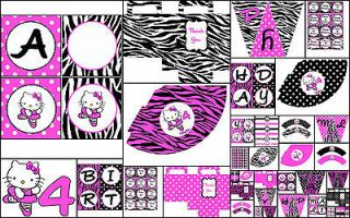 Deluxe Printable Party Decorations   Hello Kitty or Cupcake Zebra