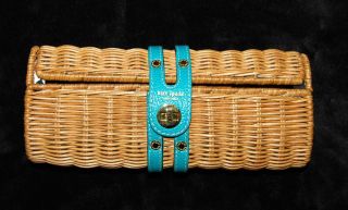 Kate Spade leather straw wicker weaved teal clutch purse handbag