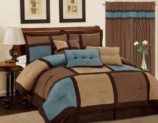 11 PC Comforter Sheet Set Blue Brown Micro Suede Queen Size Bed in a