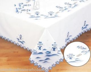 Holiday Christmas Snowman Tablecloth White Blue 68x84