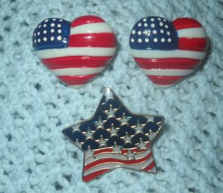 Flag Heart Earrings Enamel Star tie tac Pin Vtg Lot Patriotic jewelry