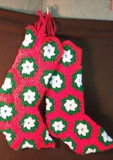 SET OF 2 KNITTED RED CHRISTMAS STOCKINGS HAND MADE POINTY TOES