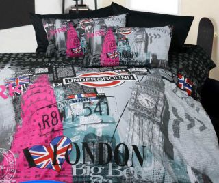 LONDON City View Holiday Big Ben Pink/Grey SINGLE Quilt/Doona Cover