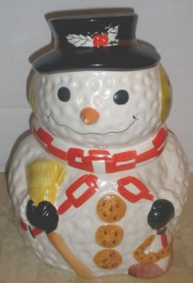 Gibson Housewares Snowman Holiday Cookie Jar Vintage Top Hat Broom 11