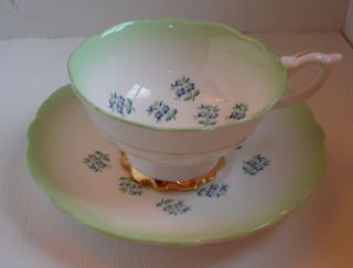 English Bone China Teacup and Saucer ~ Green Trim w/ tiny Blue