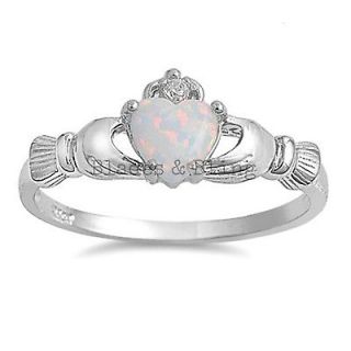 Sterling Silver Claddagh ring CZ White Opal size 3 4 5 6 7 8 9 10 11