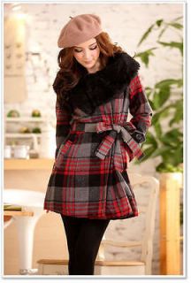 2211B Japan Korea Fashion Women Lady Red Plaid Check Faux Fur Shrug