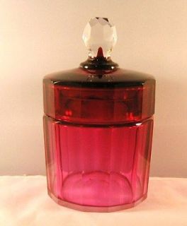 Cranberry Art Glass Lidded Multi Sided Jar   Clear Finial   Super