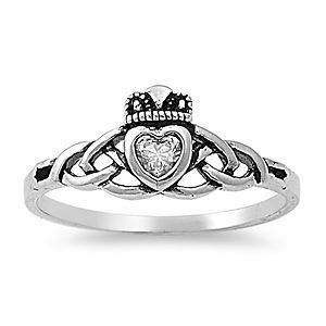 925 Sterling Silver Irish Claddagh Ring with CZ Heart & Celtic Knot
