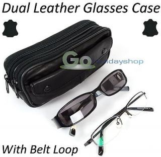Black Dual Leather Glasses Pouch Twin 2 Sunglasses Spectacles Case