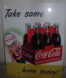 Coca Cola Tin Sign Boy with Bottle cap hat, 6 pack of coke