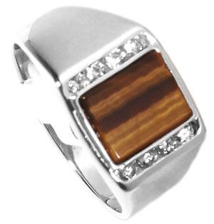 Mens Tiger Eye with CZ Stones Rhodium Plated Ring New