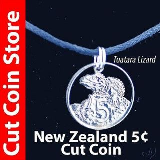 New Zealand Tuatara Lizard Reptile 5¢ Cut Coin Jewelery Neck Cord