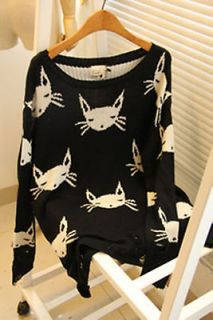 Black Color Fashion Cat Face Ragged Knitted Jumper Top Sweater One