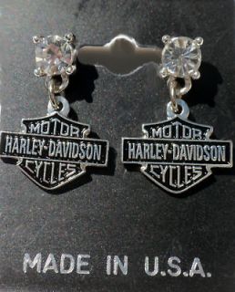 HARLEY DAVIDSON Charm CZ clear white drop earrings