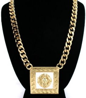 Gold Greek Key WHITE LION HEAD Cuban Miami Link Chain Necklace