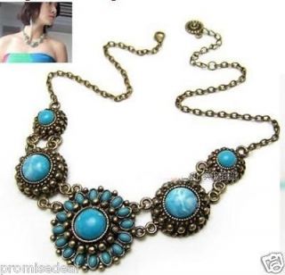 Vintage necklace,Bronze imitation turquoise necklace alloy plating