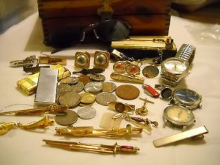 VNTG LOT MENS JEWELRY BOX COINS TIE CLIPS CUFF LINKS WATCHES LIGHTERS