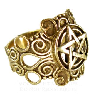 Bronze Ornate Pentacle Ring Pagan Jewelry Wiccan Gold Color sz 4 15