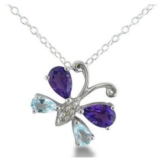 Silver Amethyst, Blue Topaz and Diamond Butterfly Pendant (1/4 cttw