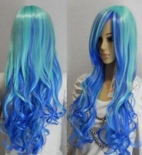 340 Cosplay long blue mixed curly Hair women wig Wigs
