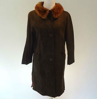 Vtg 60s Chocolate Brown Suede Leather Jacket Coat Mink Fur Collar Mod