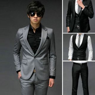 3PCS BLAZER VEST PANTS Mens Slim One Button Smart Suit Black/Grey
