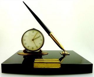Vintage Black Sheaffer Swiss Jewel Semca Clock and Pen Holder