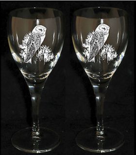 BARN OWL Engraved & Boxed PAIR WINE GLASS *BIRD OF PREY FALCONRY GIFT
