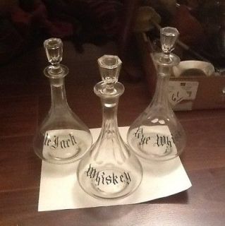 SET OF (3) VINTAGE ETCHED GLASS DECANTERS WITH GLASS LIDS WHISKEY/RYE