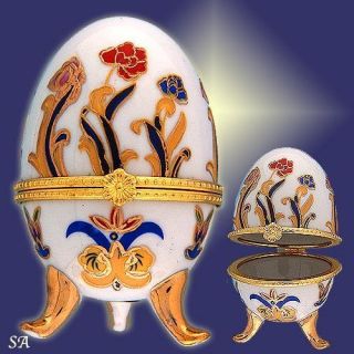 Porcelain Egg for Jewelry Handcrafted Blue & Red Flowers Gold Latch