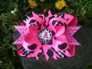 COWGIRL PINK COW PRINT PERSONALIZED INITIAL BOTTLECAP HAIRBOW W