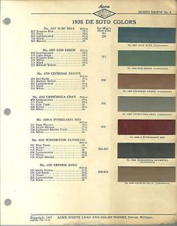 1938 DeSOTO Color Chip Paint Sample Brochure / Chart ACME, De Soto
