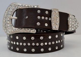 NEW WESTERN BUCKLE COWGIRL STYLE STUDDED CRYSTALS BROWN LEATHER BELT L