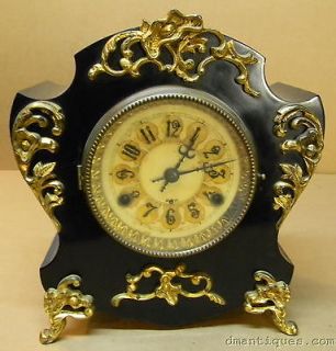 c1890 NEW HAVEN Fancy Mantel Clock Cast Iron Black Enamel Gilt Ormolu