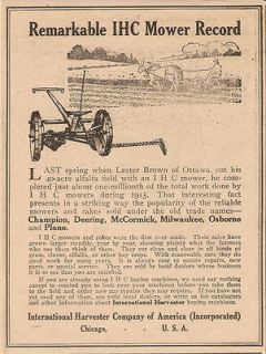 1916 IHC CHAMPION DEERING & MCCORMICK HAY MOWER AD LESTER BROWN OF