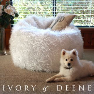 LUXURY ROUND FUR BEAN BAG White with Liner Plush Soft Bedroom Lounge