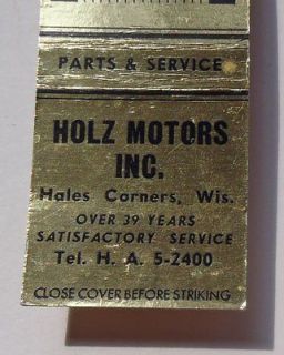 1950s Matchbook Holz Motors Frigidaire Hales Corners WI